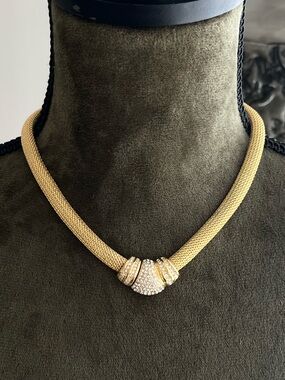 Authentic Vintage Dior Knot Rhinestone Pavé Mesh Gold Statement Choker Necklace